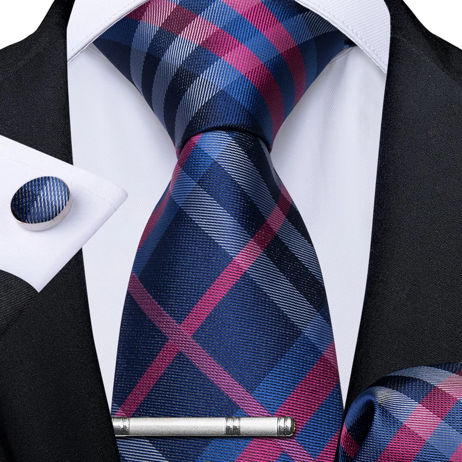 4PCS Classic Deep Blue Pink Plaid Tie Hanky Tie Clips Cufflinks Set