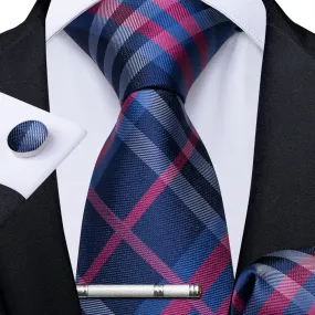 4PCS Classic Deep Blue Pink Plaid Tie Hanky Tie Clips Cufflinks Set
