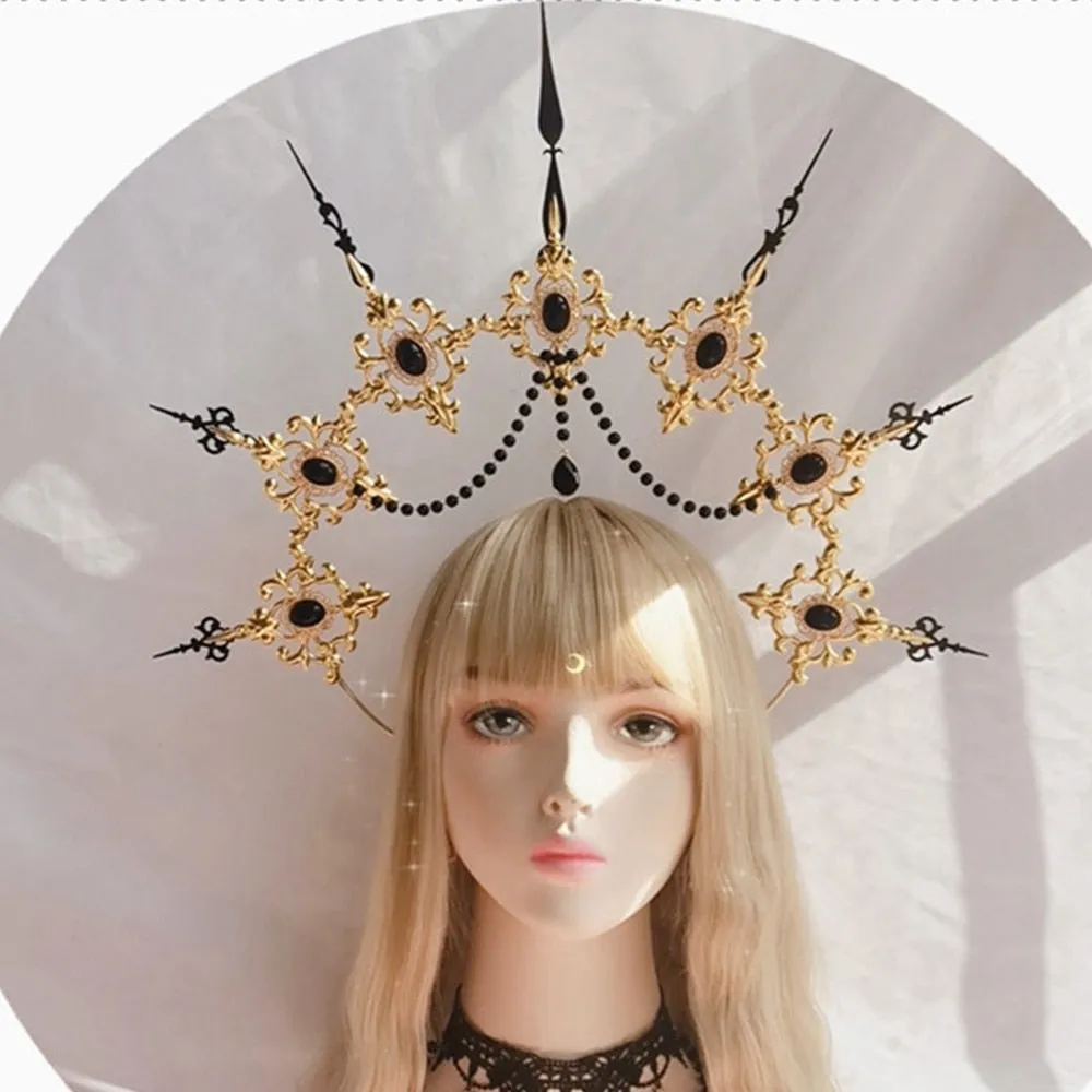 Baroque Spike Halo Crown Headpiece Headdress, Gold Queen Headdress