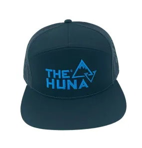 Black w/ Blue Logo - A Cotton Twill, Mesh Backed 7 Panel Hat with a Flat Bill, & Classic Snapback.