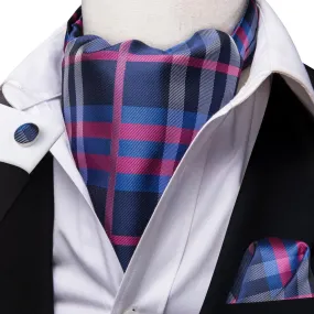 Blue Purple Plaid Silk Ascot Pocket Square Cufflinks Set