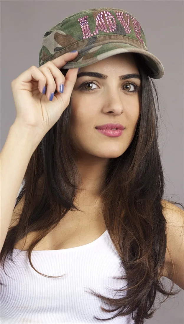 Brokedown Army Fatigue Cadet Hat w/ Love in Rhinestone