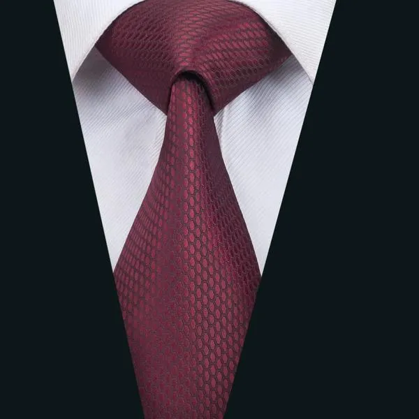 Burgundy Plaid Tie Pocket Square Cufflinks Set with Lapel Pin