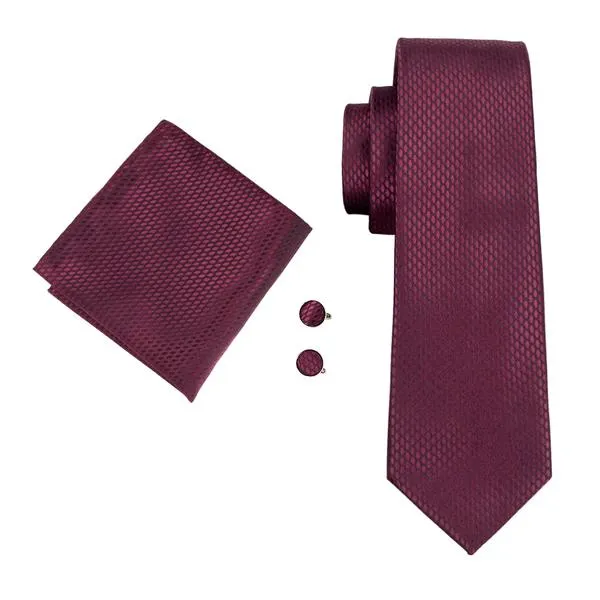 Burgundy Plaid Tie Pocket Square Cufflinks Set with Lapel Pin