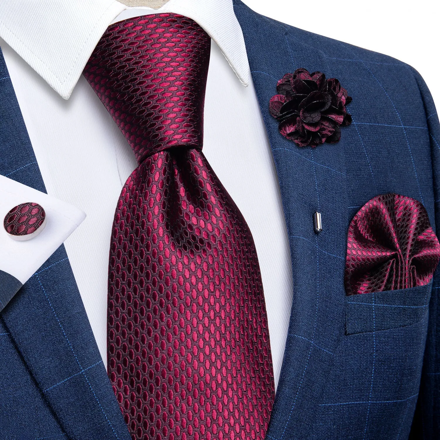 Burgundy Plaid Tie Pocket Square Cufflinks Set with Lapel Pin