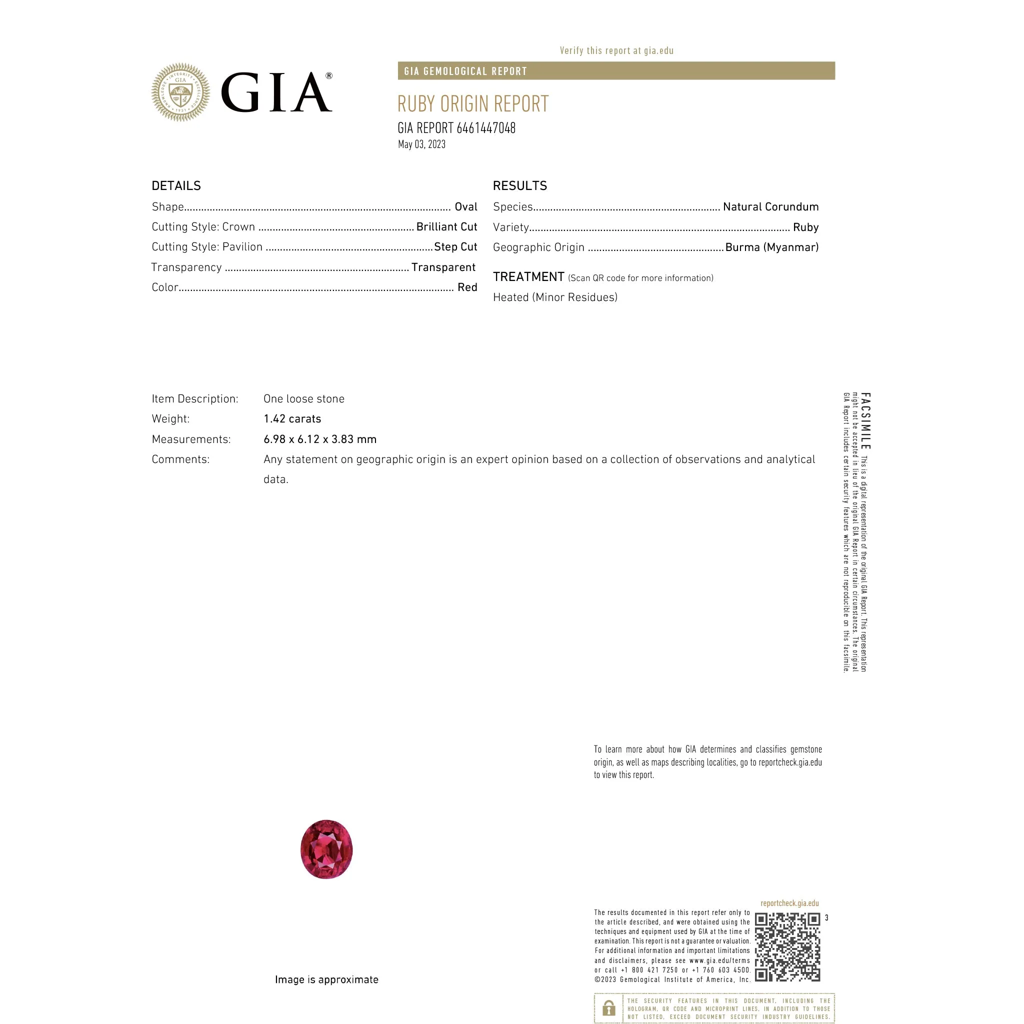 Burmese Ruby Oval 1.42CT G176