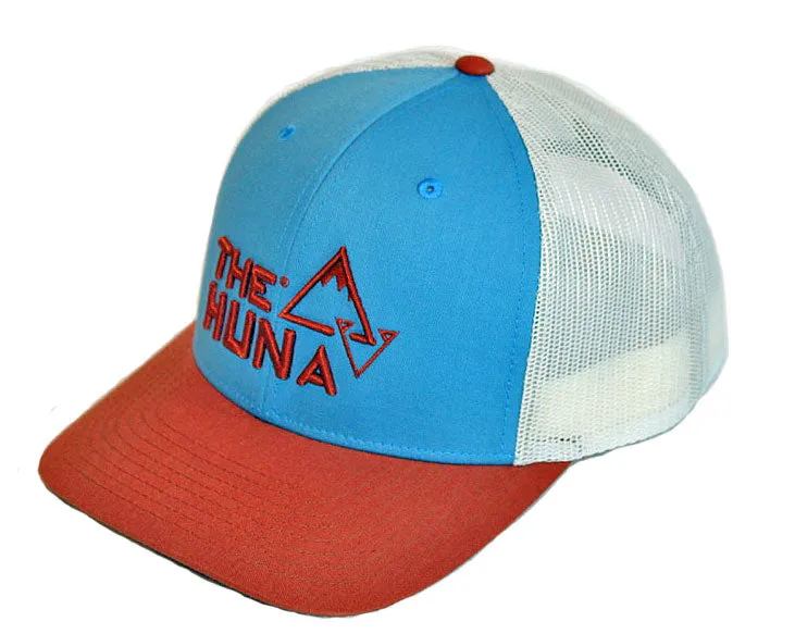 C. Blue/Birch/Dark Orange - Pre Curved Trucker Hat