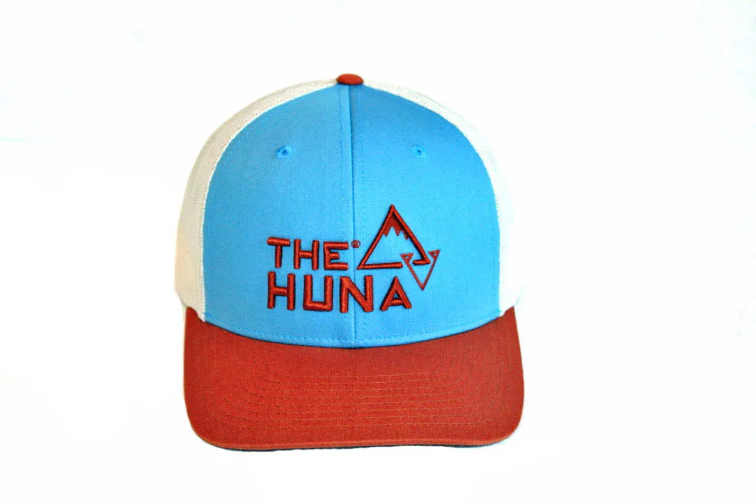 C. Blue/Birch/Dark Orange - Pre Curved Trucker Hat