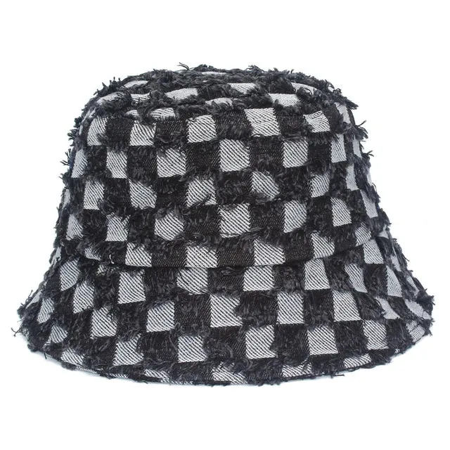 Checkered Denim Bucket Hats - Fushia