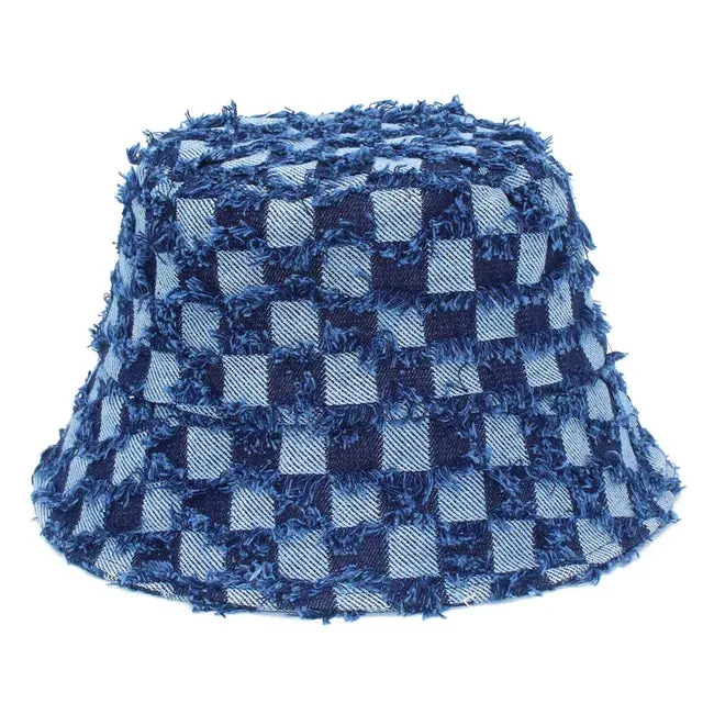 Checkered Denim Bucket Hats - Fushia
