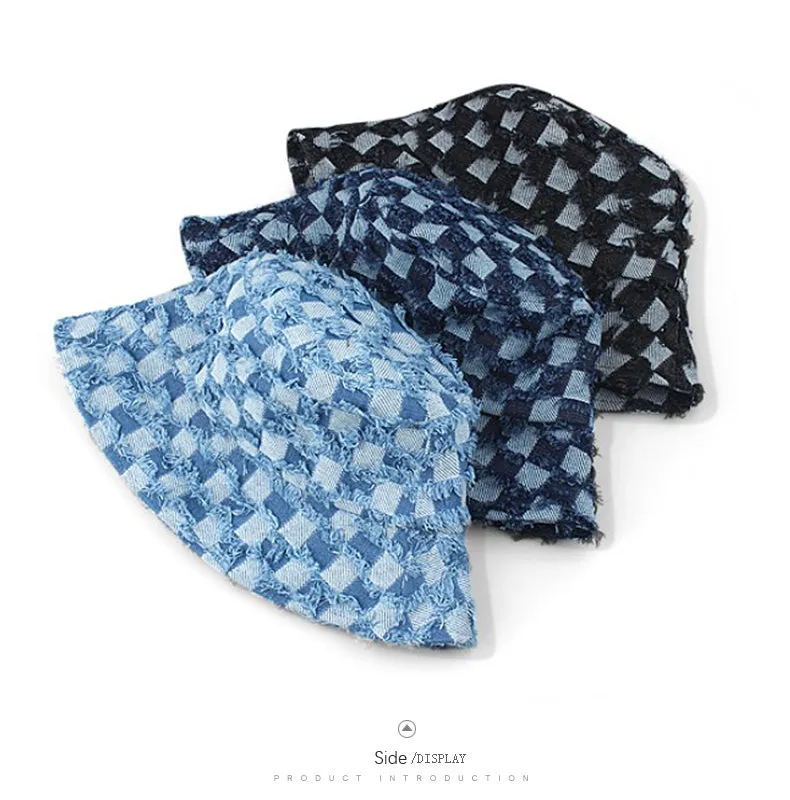 Checkered Denim Bucket Hats - Fushia