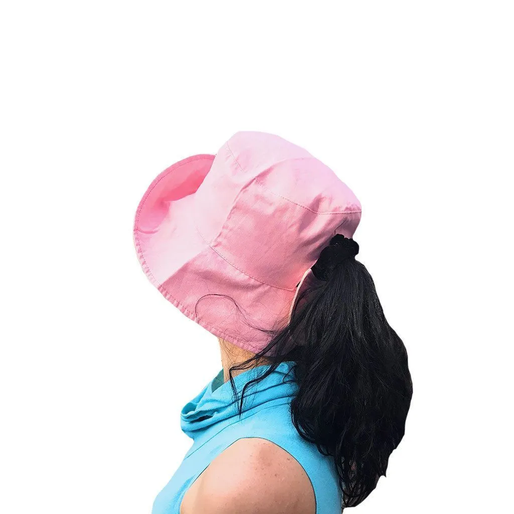 Cotton Ponytail Bucket Caps Hats Reversible Summer Women's Summer Beach Sun Hat
