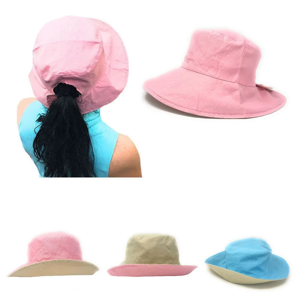 Cotton Ponytail Bucket Caps Hats Reversible Summer Women's Summer Beach Sun Hat