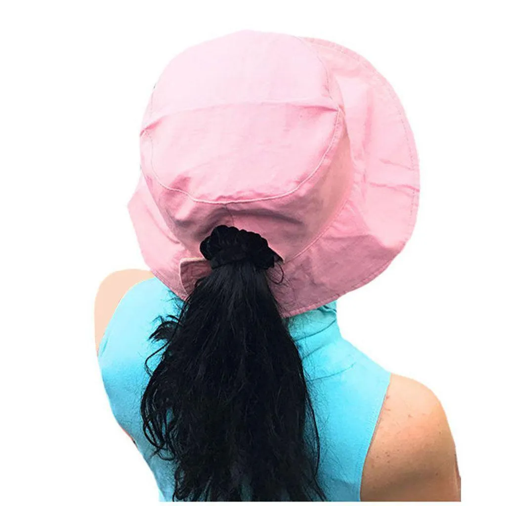 Cotton Ponytail Bucket Caps Hats Reversible Summer Women's Summer Beach Sun Hat