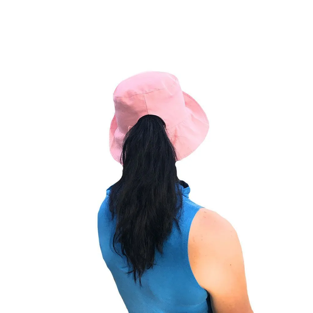 Cotton Ponytail Bucket Caps Hats Reversible Summer Women's Summer Beach Sun Hat