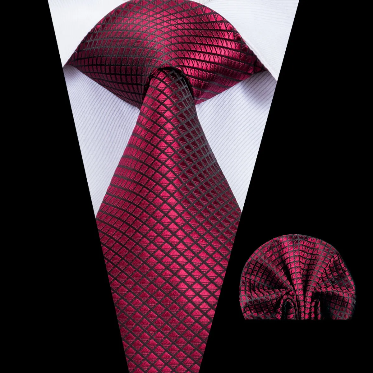 Dark Red Plaid 63 Inch Length Necktie Pocket Square Set