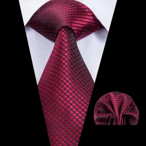 Dark Red Plaid 63 Inch Length Necktie Pocket Square Set