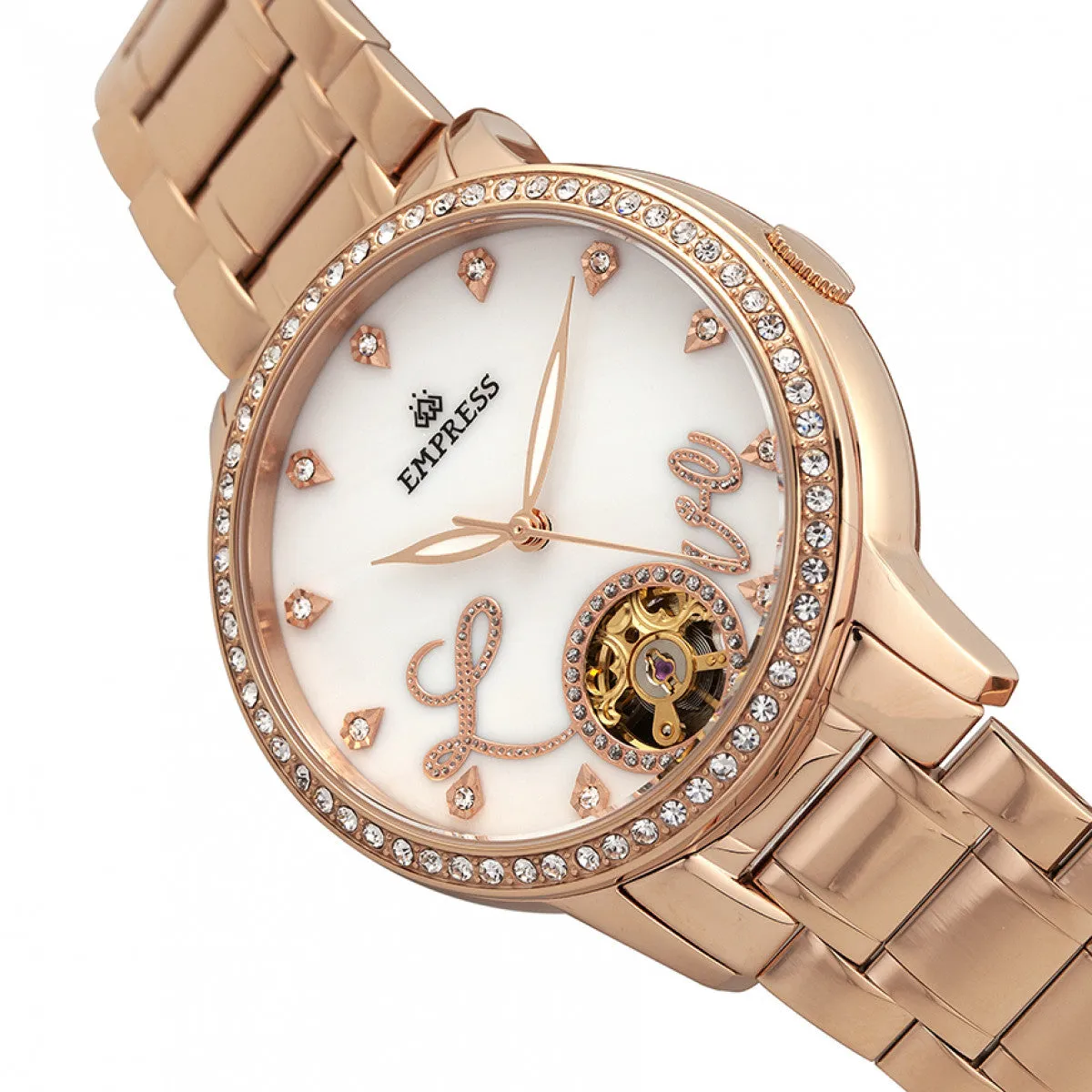 Empress Quinn Automatic MOP Semi-Skeleton Dial Bracelet Watch - Rose Gold