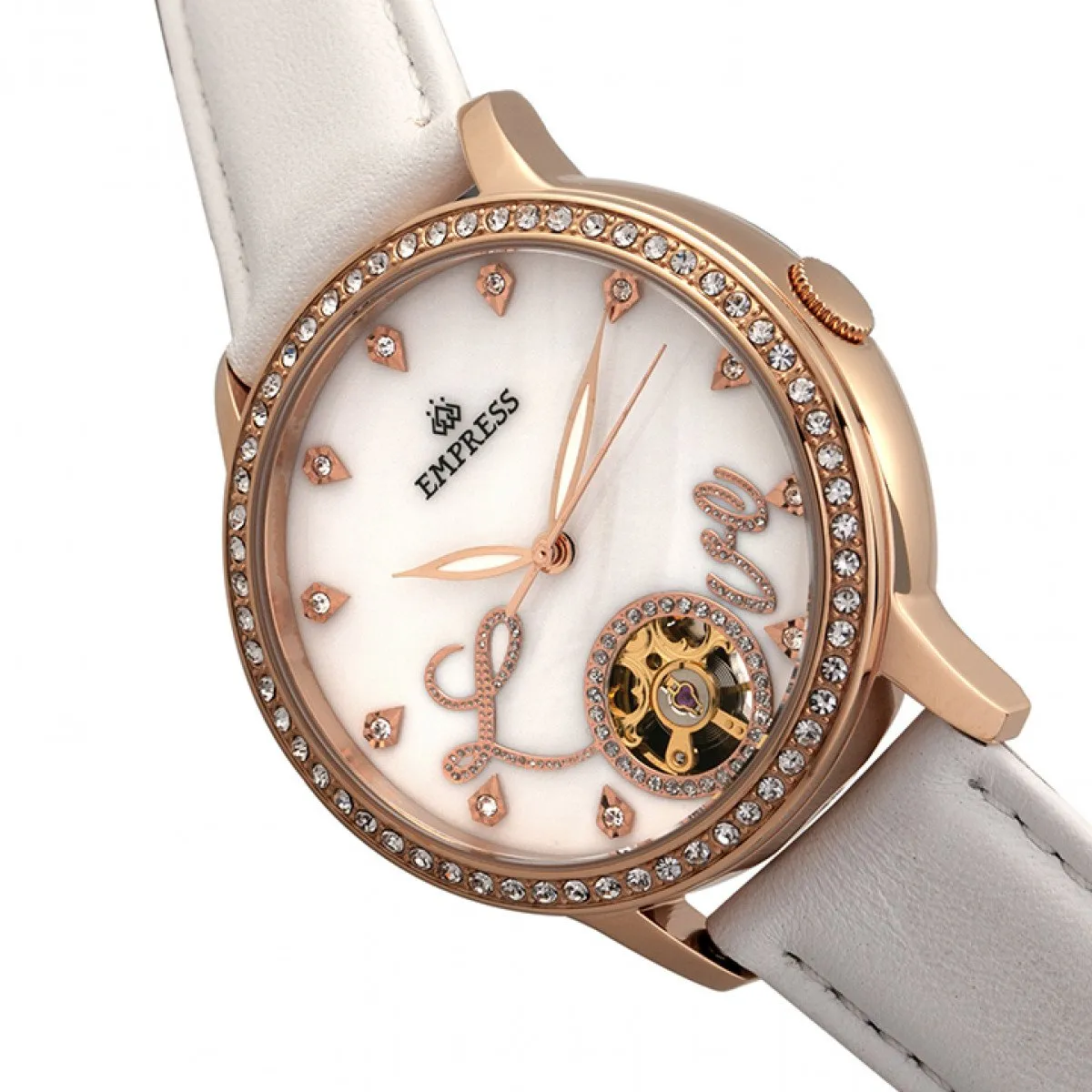 Empress Quinn Automatic MOP Semi-Skeleton Dial Bracelet Watch