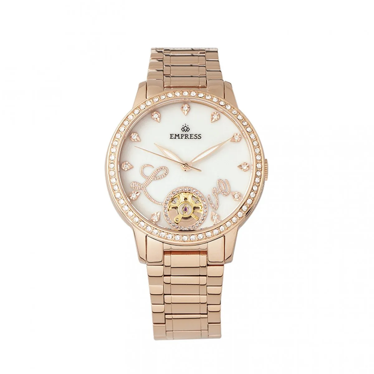 Empress Quinn Automatic MOP Semi-Skeleton Dial Bracelet Watch