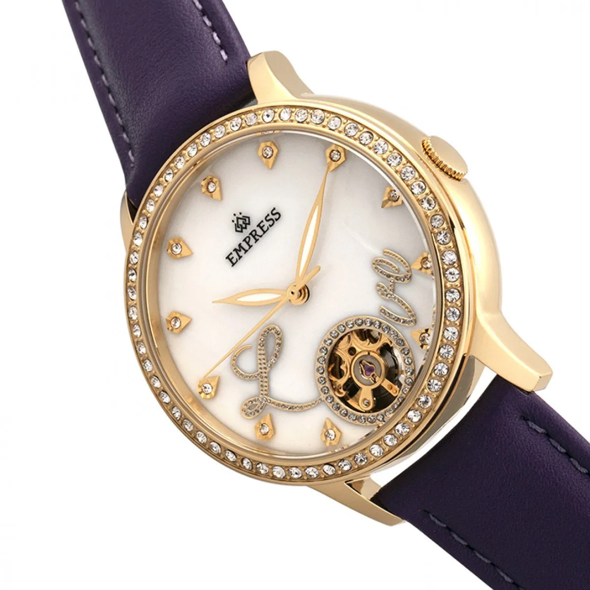 Empress Quinn Automatic MOP Semi-Skeleton Dial Bracelet Watch