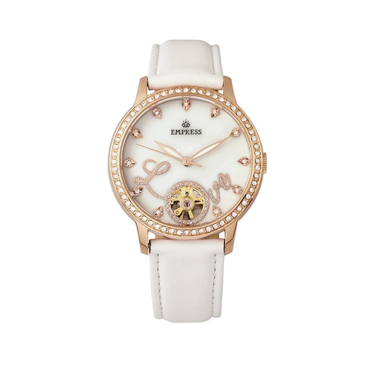 Empress Quinn Automatic MOP Semi-Skeleton Dial Bracelet Watch