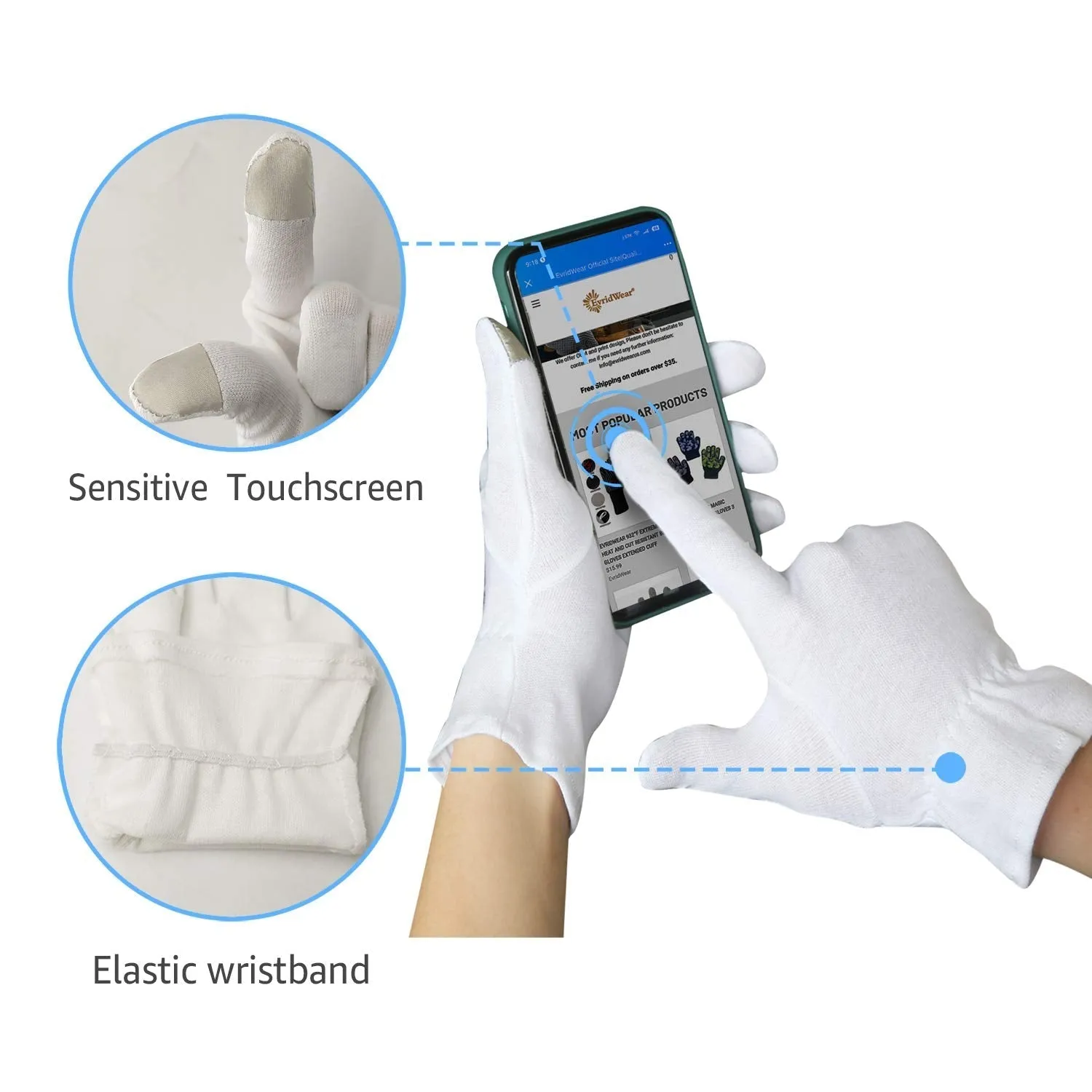EvridWear 100% Cotton Touchscreen Moisturizing Beauty Gloves with Elastic Cuff, Natural Cosmetic Therapy Gloves for Eczema SPA Dry Hands Care Overnight (White, Large) 5 Pairs