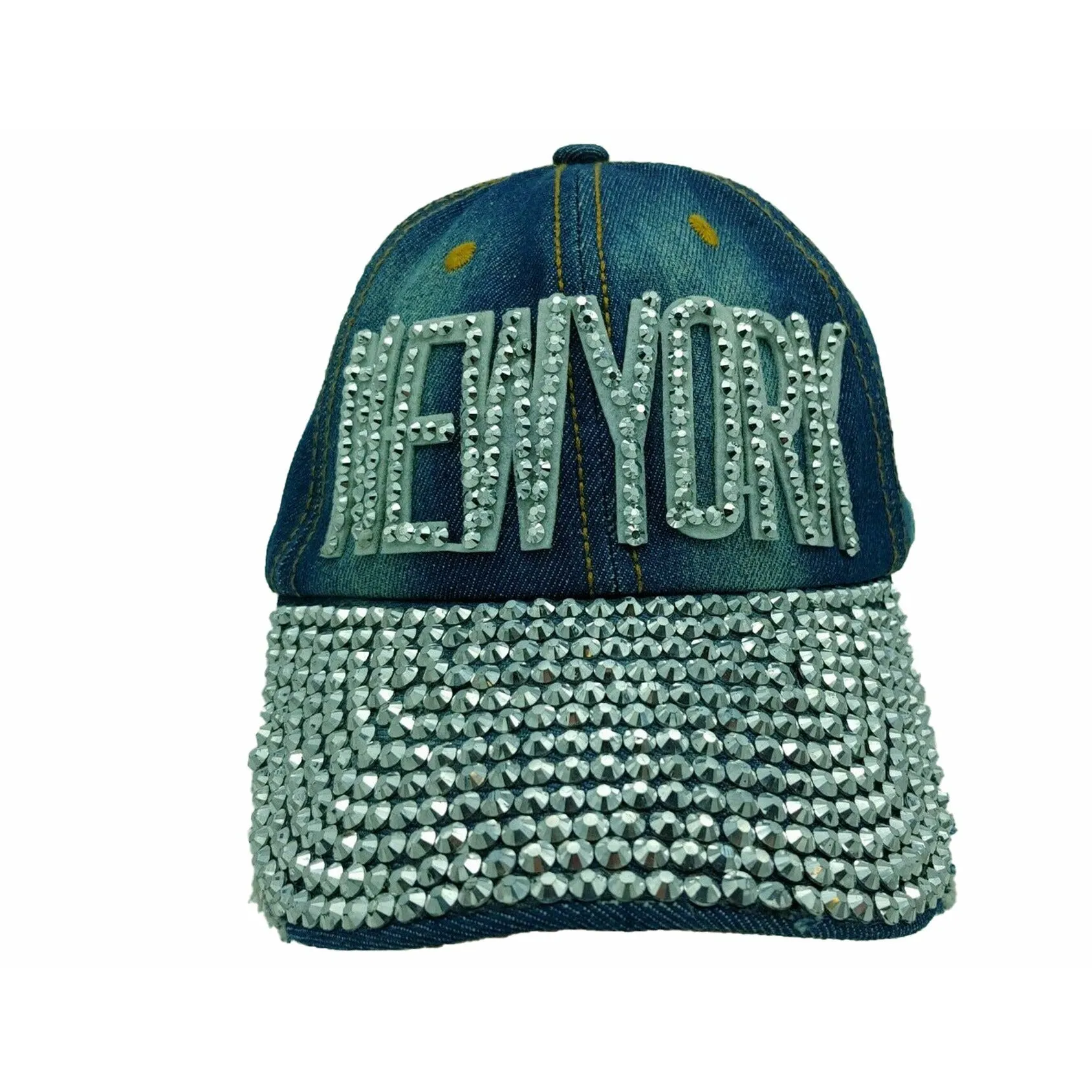 New York Blue Denim Jean Bling HOT Crystals Distressed  Baseball Cap Hat