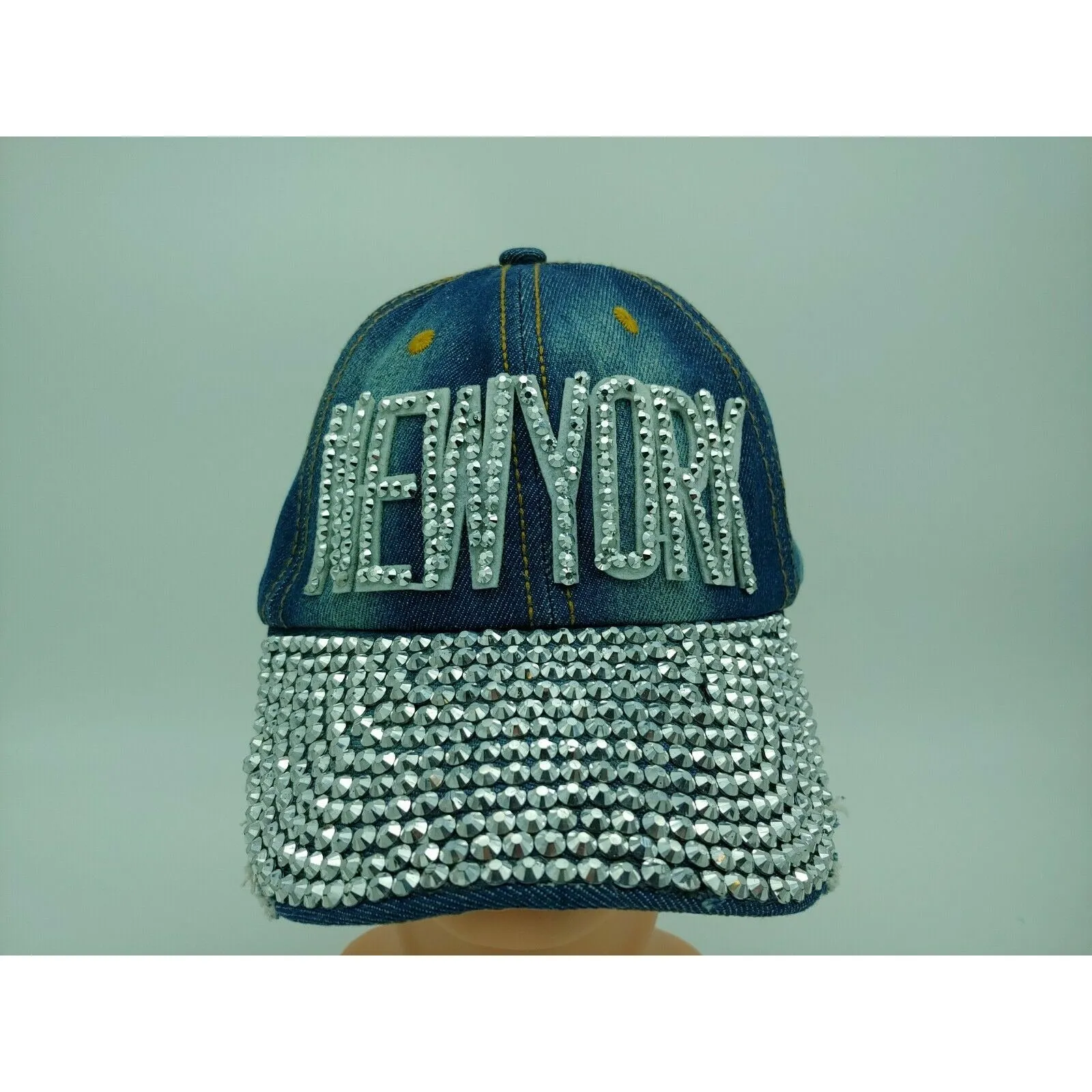 New York Blue Denim Jean Bling HOT Crystals Distressed  Baseball Cap Hat
