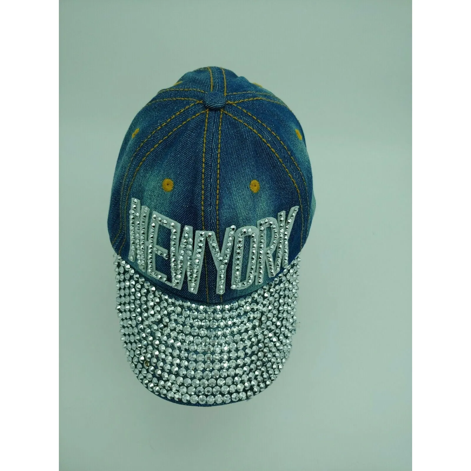 New York Blue Denim Jean Bling HOT Crystals Distressed  Baseball Cap Hat