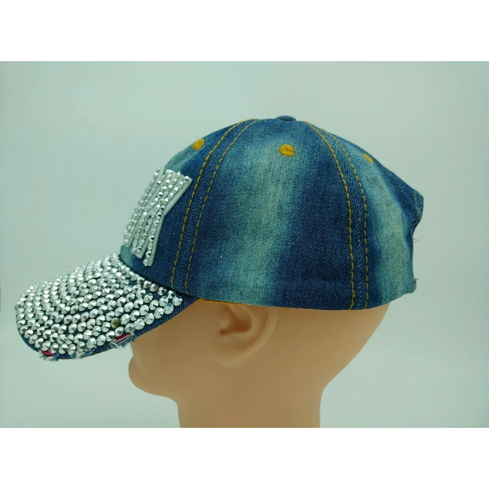 New York Blue Denim Jean Bling HOT Crystals Distressed  Baseball Cap Hat