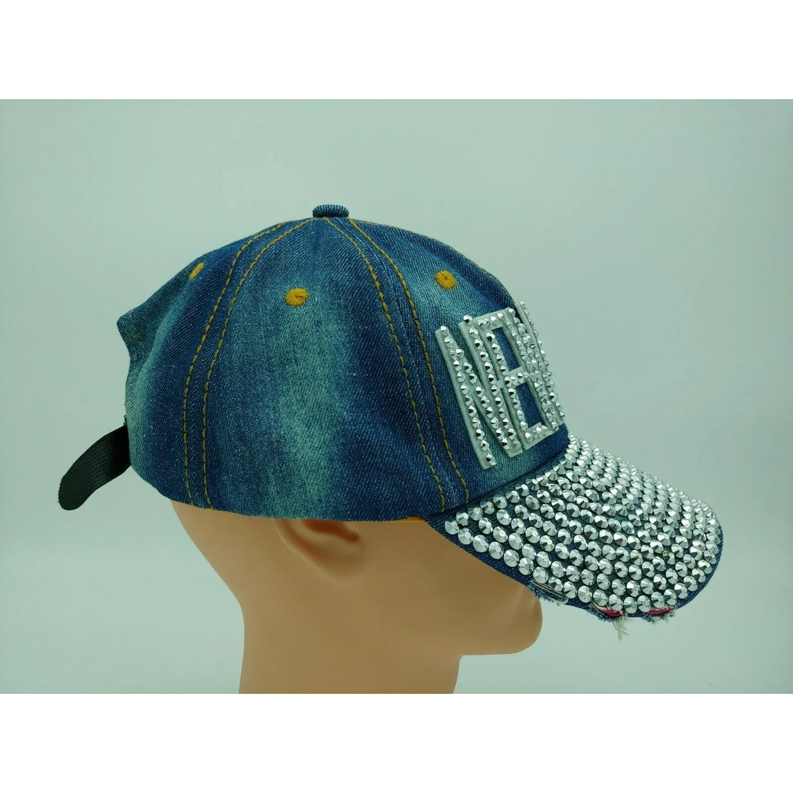 New York Blue Denim Jean Bling HOT Crystals Distressed  Baseball Cap Hat