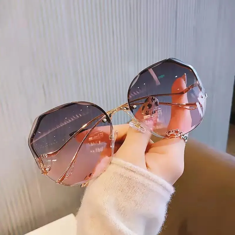 Ocean Rimless Oval Sunglasses Women Luxury Metal Eyewear Gradient UV400