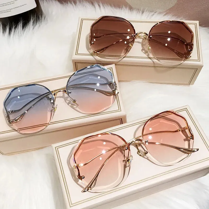 Ocean Rimless Oval Sunglasses Women Luxury Metal Eyewear Gradient UV400