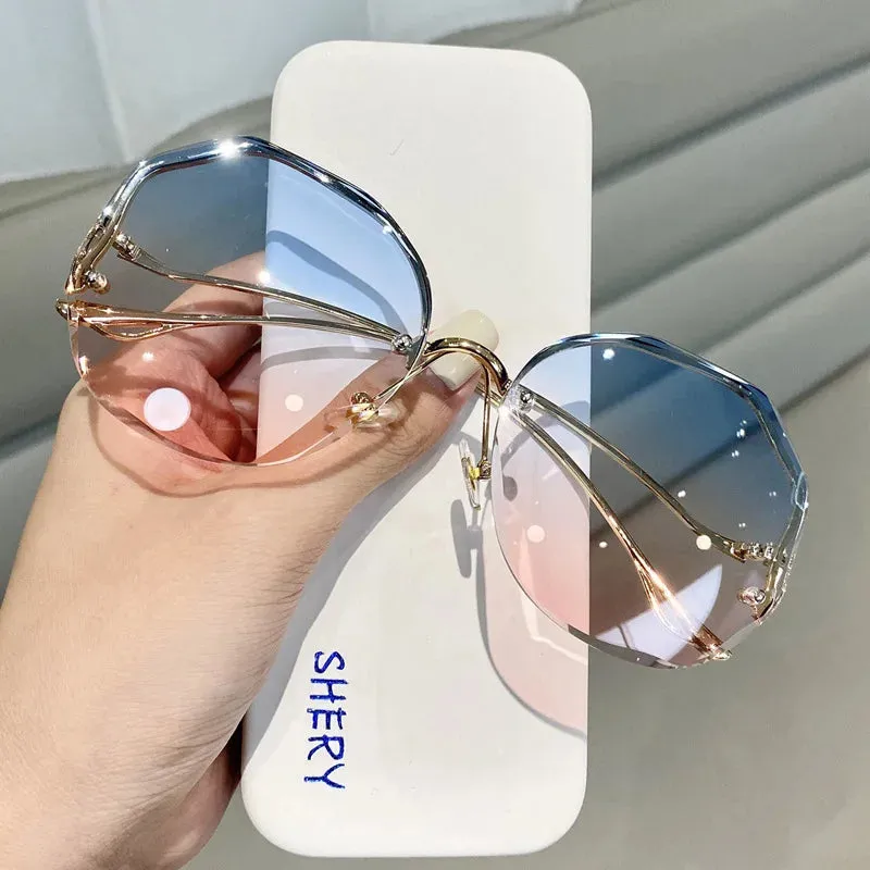 Ocean Rimless Oval Sunglasses Women Luxury Metal Eyewear Gradient UV400