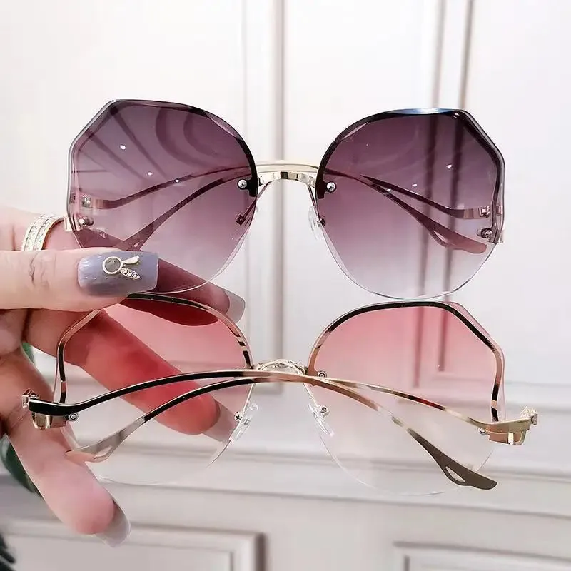 Ocean Rimless Oval Sunglasses Women Luxury Metal Eyewear Gradient UV400