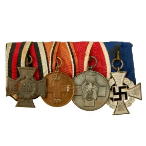 Original German WWI & WWII Medal Bar with Hindenburg Cross, Red Cross Awards & 25 Year Service Decoration - 4 Awards