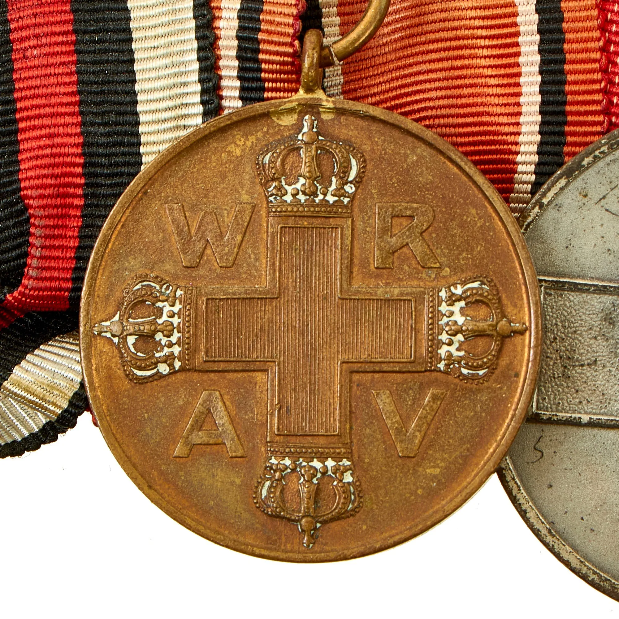 Original German WWI & WWII Medal Bar with Hindenburg Cross, Red Cross Awards & 25 Year Service Decoration - 4 Awards