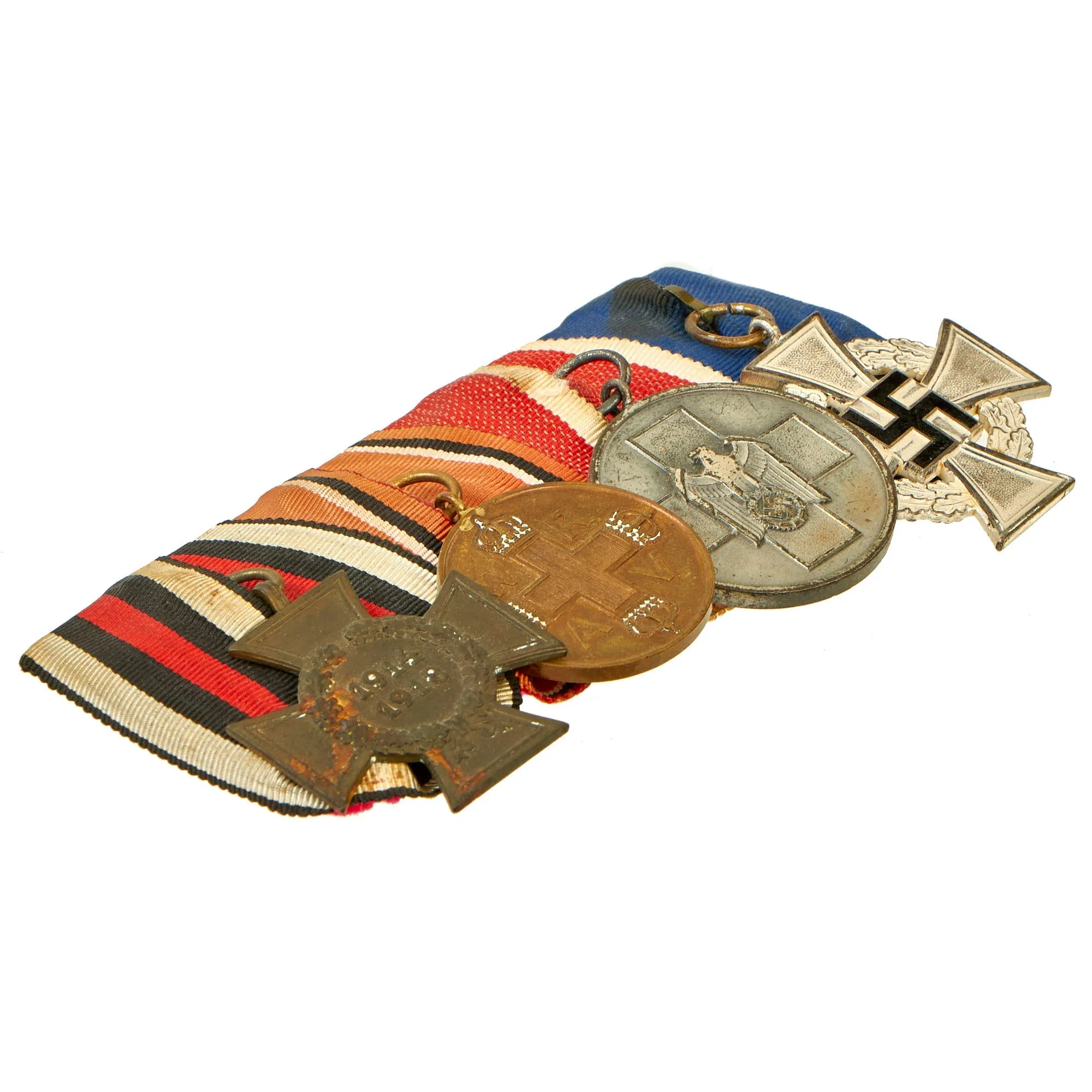 Original German WWI & WWII Medal Bar with Hindenburg Cross, Red Cross Awards & 25 Year Service Decoration - 4 Awards