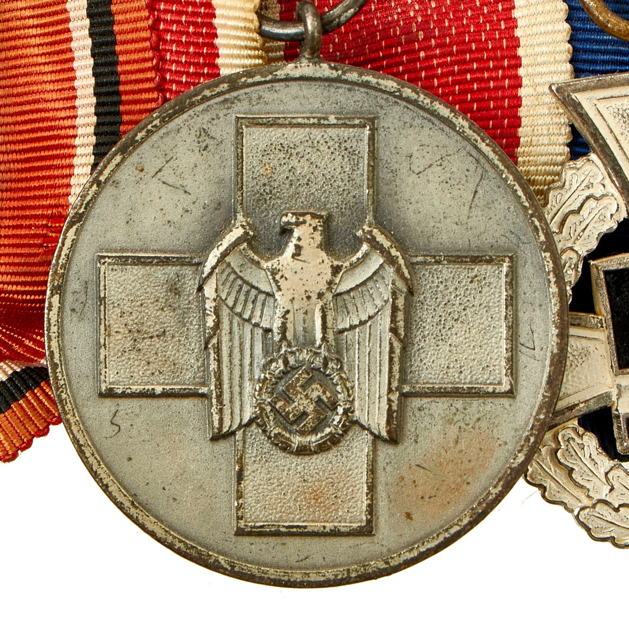 Original German WWI & WWII Medal Bar with Hindenburg Cross, Red Cross Awards & 25 Year Service Decoration - 4 Awards