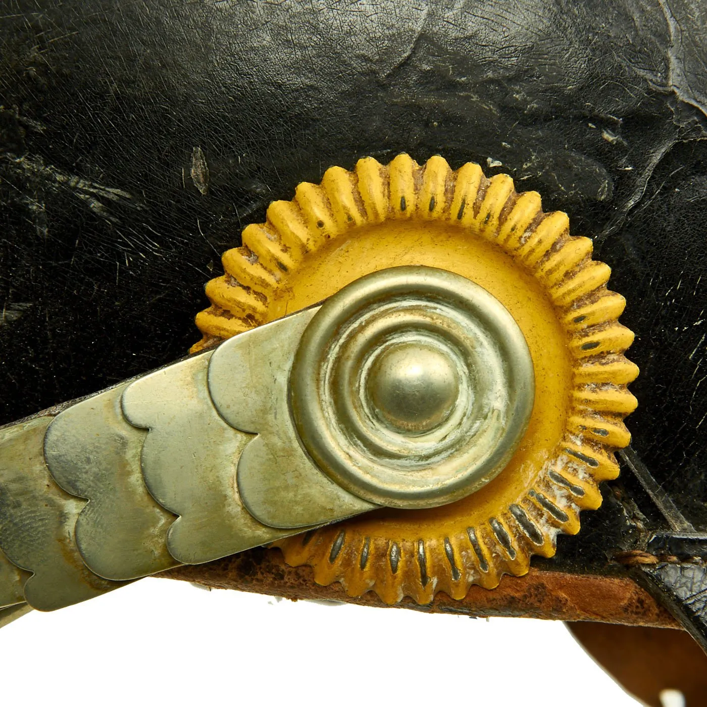 Original Swedish WWI 1887 Pattern Pickelhaube Leather Helmet with Nickel Fittings and Yellow Cockades