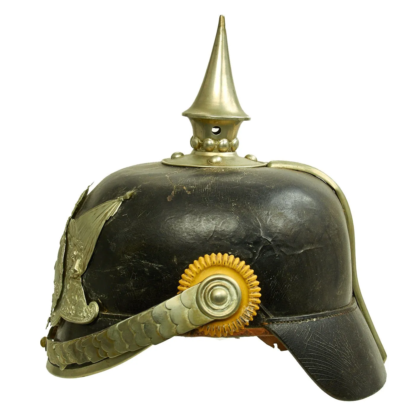 Original Swedish WWI 1887 Pattern Pickelhaube Leather Helmet with Nickel Fittings and Yellow Cockades