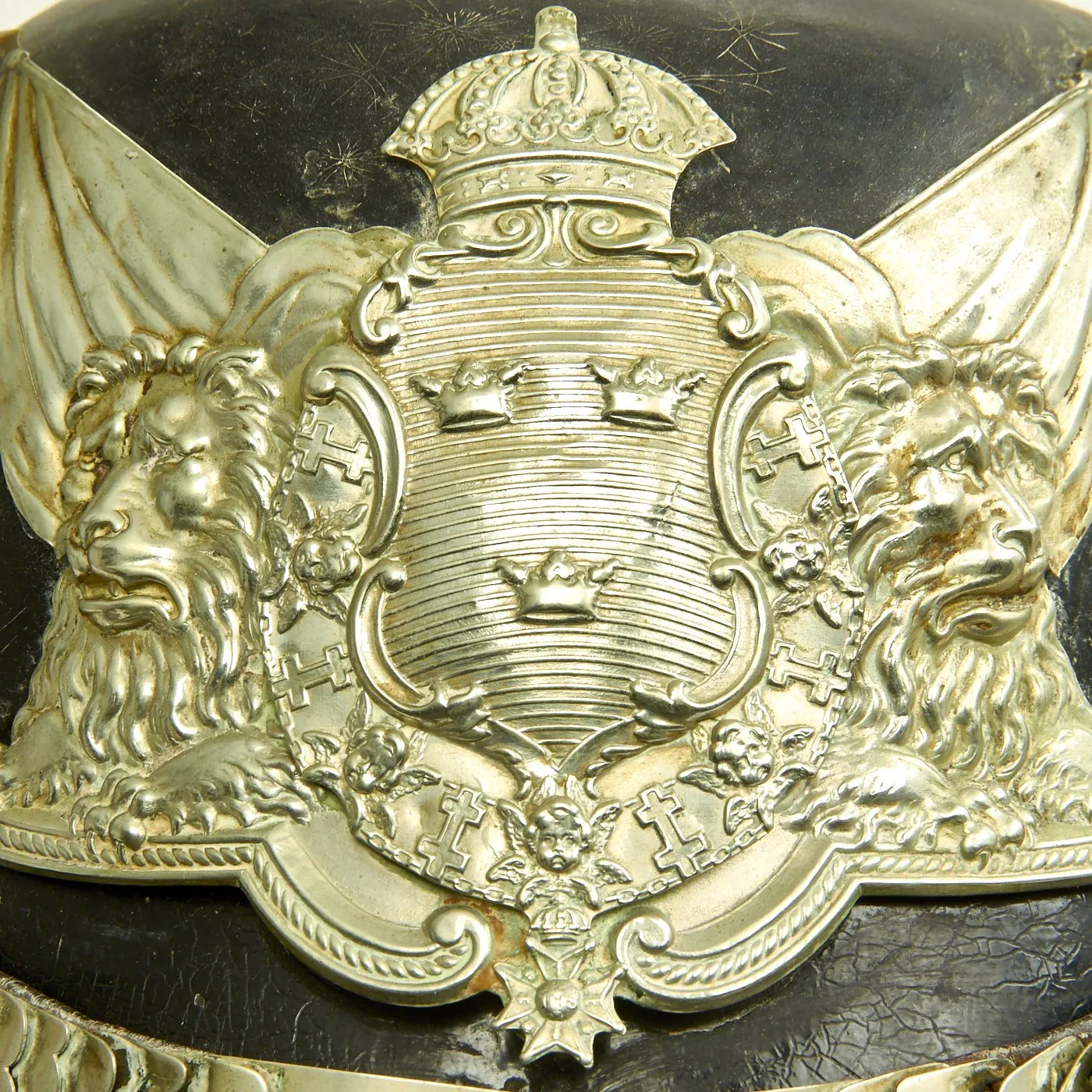 Original Swedish WWI 1887 Pattern Pickelhaube Leather Helmet with Nickel Fittings and Yellow Cockades