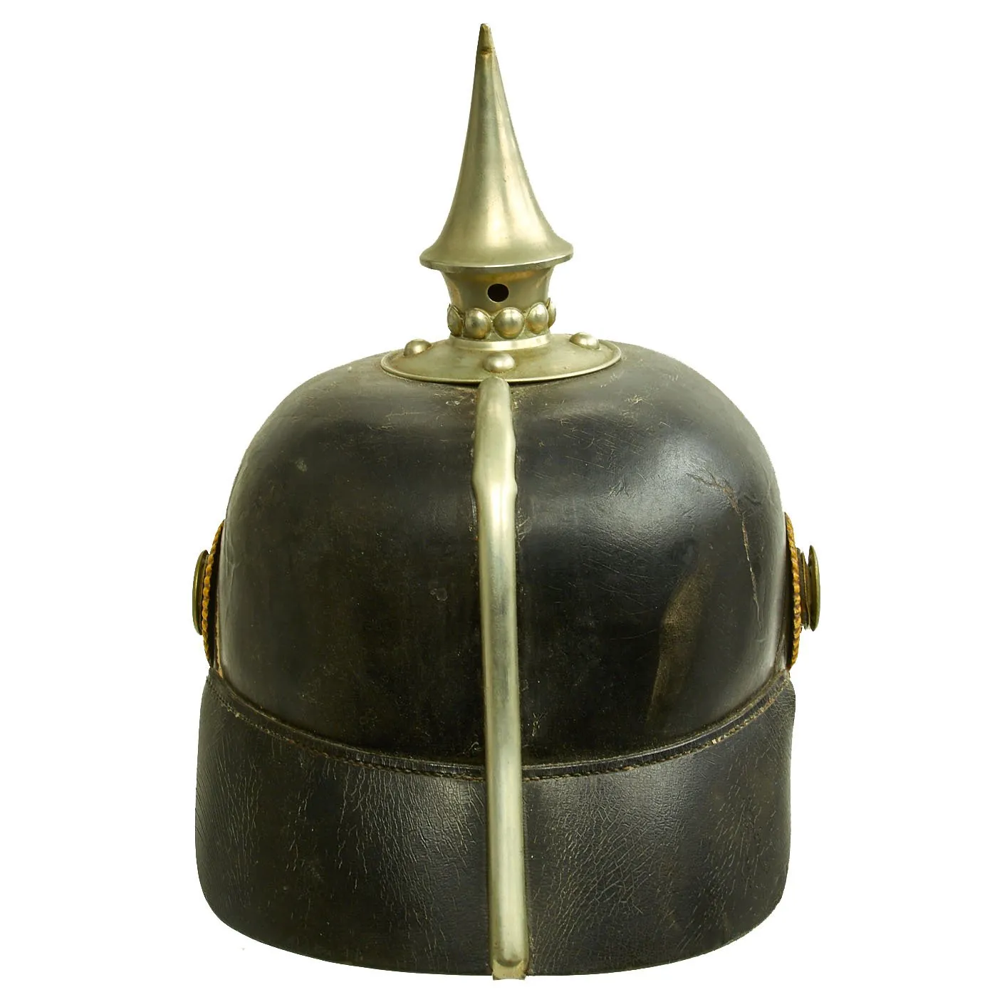 Original Swedish WWI 1887 Pattern Pickelhaube Leather Helmet with Nickel Fittings and Yellow Cockades