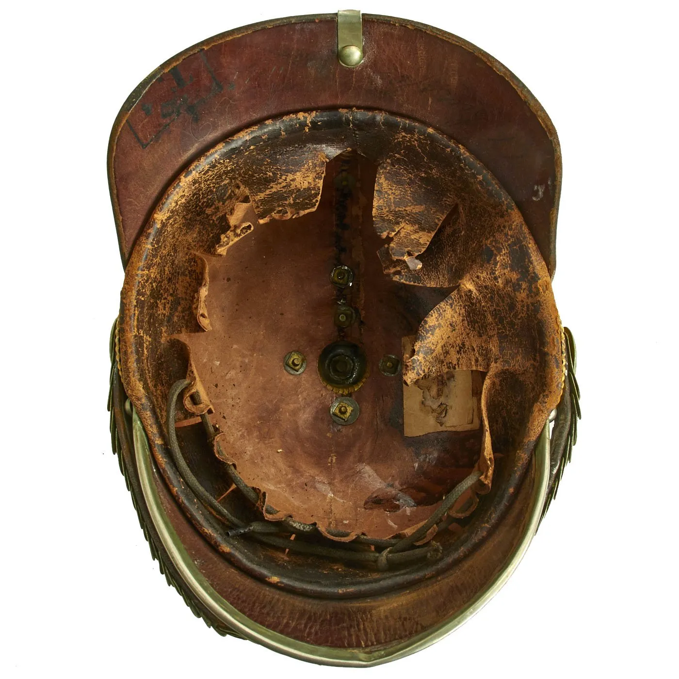 Original Swedish WWI 1887 Pattern Pickelhaube Leather Helmet with Nickel Fittings and Yellow Cockades
