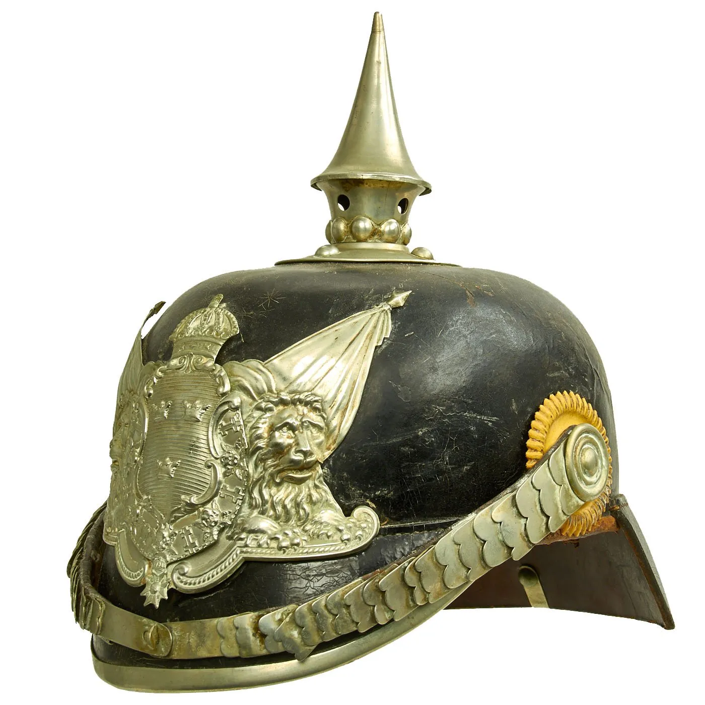 Original Swedish WWI 1887 Pattern Pickelhaube Leather Helmet with Nickel Fittings and Yellow Cockades