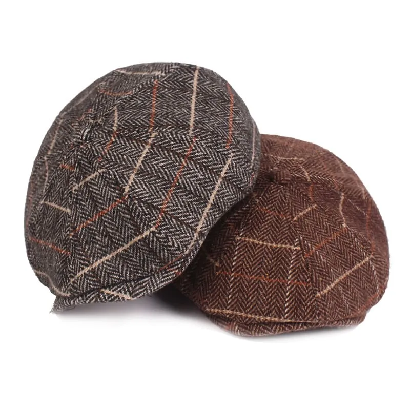 Plaid Herringbone Wool Newsboy Cap