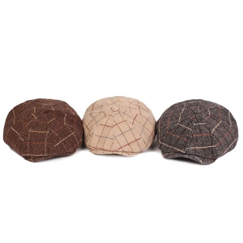 Plaid Herringbone Wool Newsboy Cap