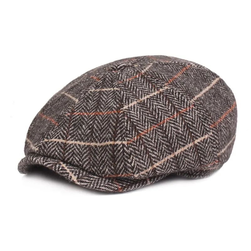Plaid Herringbone Wool Newsboy Cap