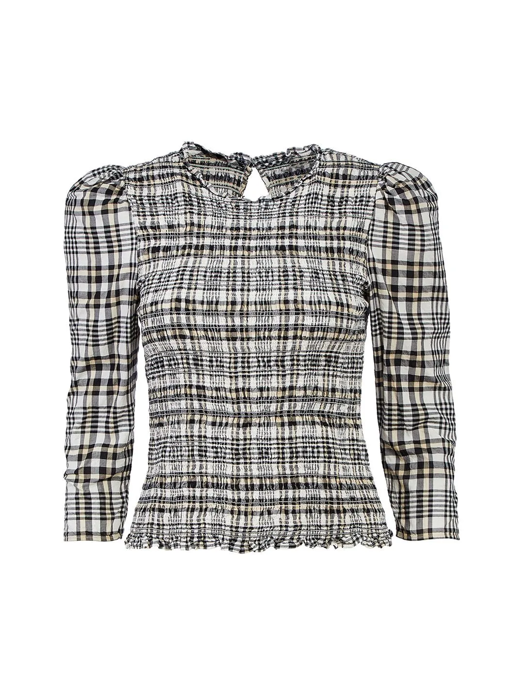 Plaid Smocked Puff Sleeve Top in Winter White